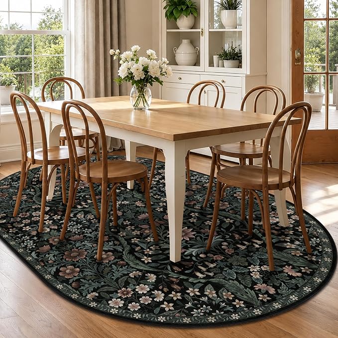 5×7 Oval Rugs Black Washable Floral Rug,Vintage Boho Soft Low-Pile Living Room Rugs, Stain Resistant Botanical Print Non-Slip Carpet for Bedroom,Dining Room, Kids Nursery,Home Decor