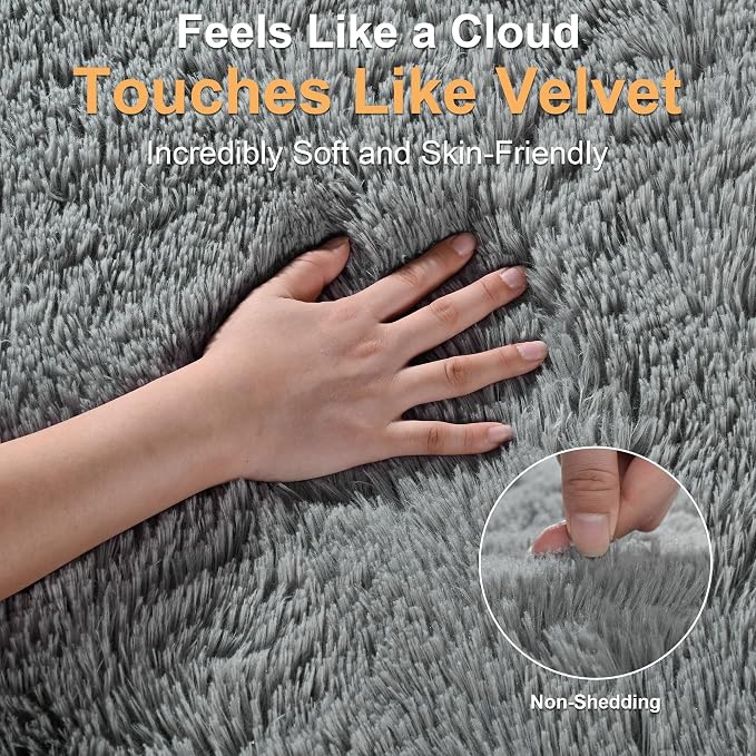 Fluffy Rugs for Living Room: Grey Soft Shag Rug for Bedroom, Large Fuzzy Plush Indoor Floor Carpet Non Slip Modern Rug for Nursery Boys Girls Kids Room Playroom Dorms Home Decor, 9x11 Feet