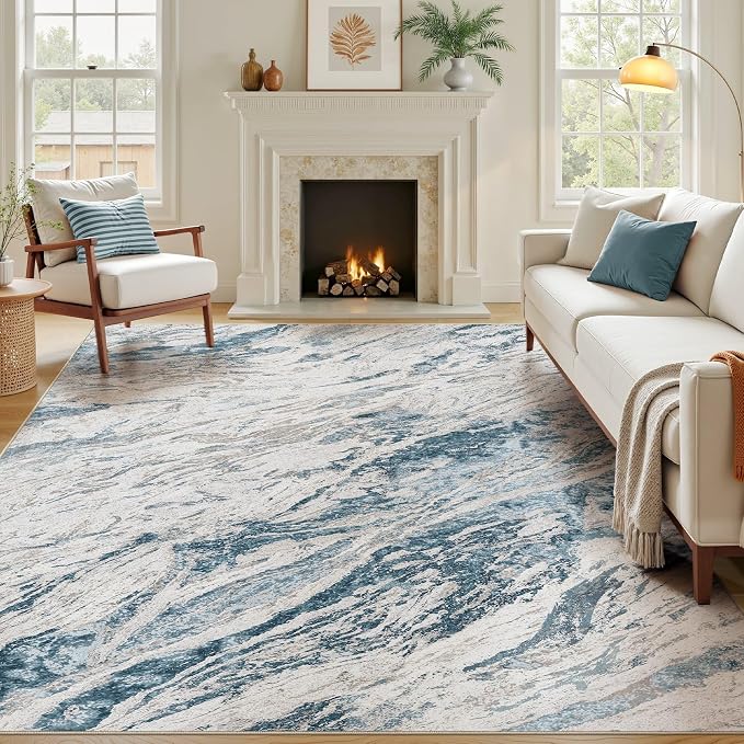 Area Rugs for Living Room: 5X7 Abstract Washable Rug Modern Neutral Large Soft Stain Resistant Non-Slip for Bedroom Dining Room Indoor Home Office Carpet - Blue Brown