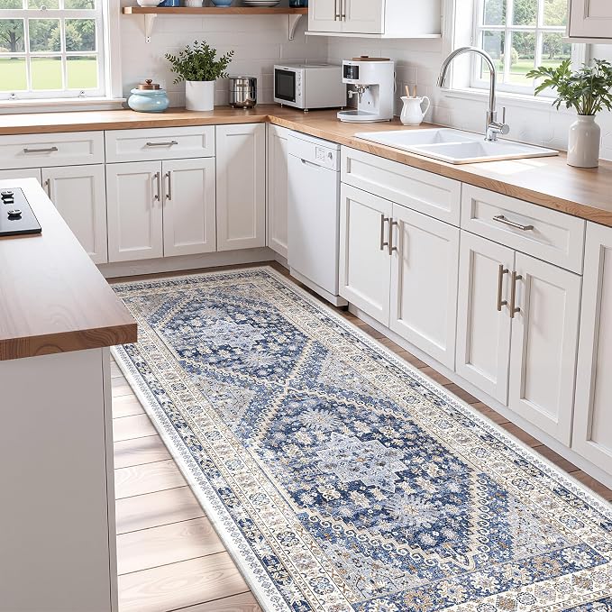 zesthome 3x8 Runner Rug Non Slip Washable for Entryway, Vintage Hallway Runner for Front Porch, Laundry Room, Bedroom, Abstract Stain Resistant Thin Indoor Kitchen Mats for Floor(Blue/Beige,3'x8')