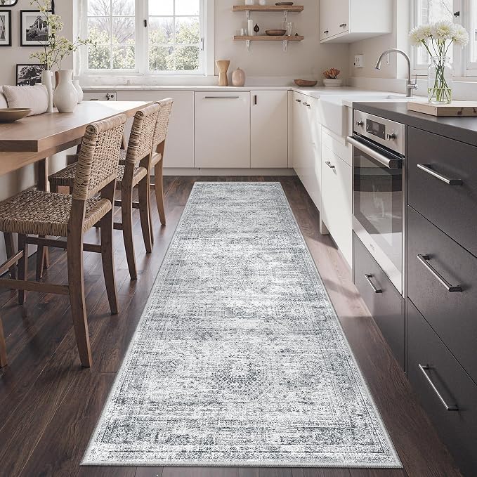 2'6 x 8' Runner Rug Non Slip,Washable Kitchen Rugs,Grey | Neutral Rugs for Kitchen,Entryway,Bedroom,Bathroom,Nursery Room,Thin,Soft Runner Rug,Stain Resistant Indoor Carpet