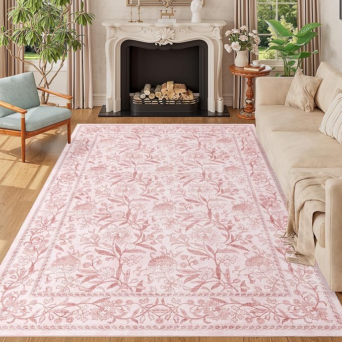 DUKINO 5x7 Area Rug, Vintage Floral Washable Rug for Living Room Light Pink | Non Slip, Low Pile, Non-Shedding, Stain Resistant Lightweight Boho Soft Carpet for Bedroom Home Office Dining Room Farmhouse