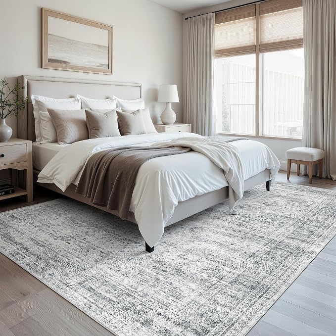 Soalmost Area Rug 10x12 Vintage Washable Living Room Large Gray Carpet Non Slip Bedroom Indoor Office Dining Room Low Pile Thin Rug Grey