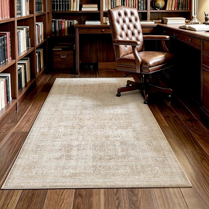 Beauoop 3x4 Washable Beige Neutral Vintage Distressed Area Rug for EntryWay | Cream Retro Non Slip Low Pile Soft Thin Traditional Indoor Small Carpet Throw Rugs Entry Entrance Kitchen Bedroom Office Dorm