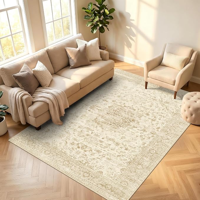Beige Washable Rug 5x7,Non-Slip Neutral Vintage Boho Carpet Thin | Nursery Area Rug for Bedroom, Living Room and Dining Room, Low Pile with Non-Slip Silicone Backing, Non-Shedding