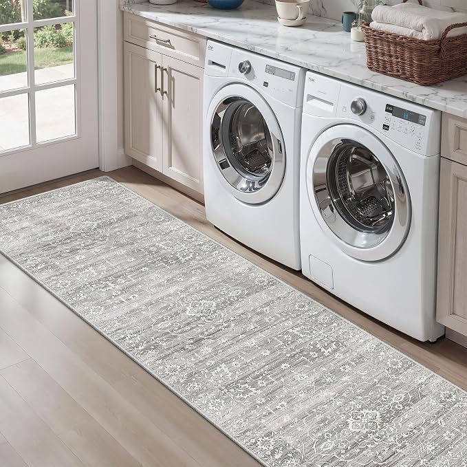 Soalmost 2.5'x8' Runner Rugs for Hallway, Washable Kitchen Runner Rug Grey | Vintage Non-Slip Soft 2'6"x8' Carpet Runner with Rubber Backing for Entryway Laundry Bedroom Farmhouse