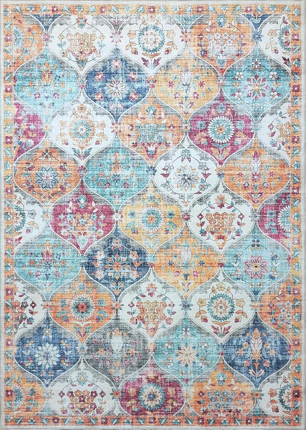 Mandala - Indoor Area Rugs 4x6 Washable, Stain Resistant Machine Washable Rugs for Living Room, Bedroom, and Modern House Décor - Durable Polyester Material, Colorful Patterned - Orange & Multi