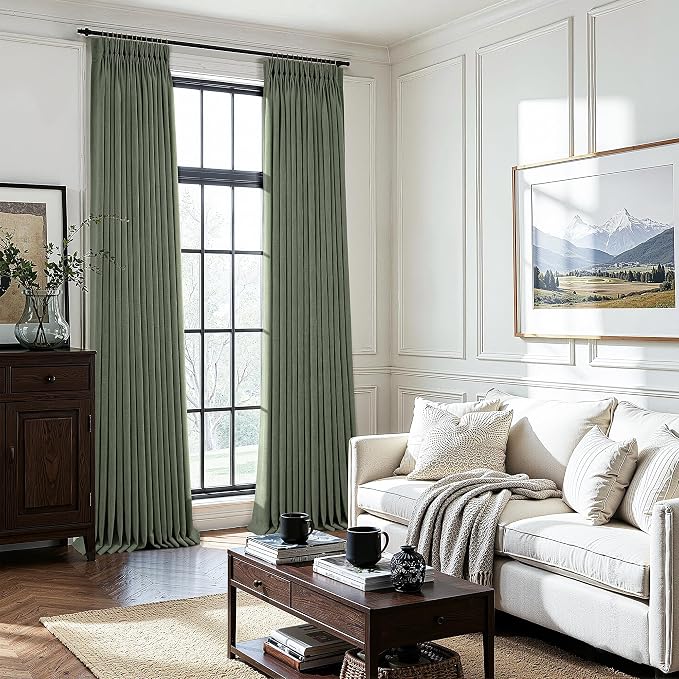Sage Green Pleated Linen Curtains 108 Inch Length 2 Panels Set Semi Sheer Light Filtering Privacy Window Drapes for Living Room Modern Viral Pinch Pleated Curtains 108 Inches with Hooks Rings Clips