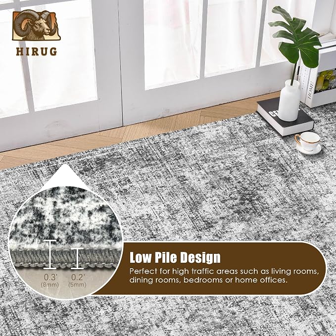 Washable Area Rug 9' x 12' Vintage Traditional Persian Mat - Foldable Distressed Non-Slip Machine Washable Carpet for Living Room Bedroom Kitchen Home Decor - Graphite and Mist