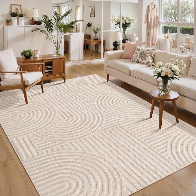 Ciicool 3x5 Washable Area Rug,Beige Entryway High-Low Pile Small Carpet | Modern Soft Textured Non Slip Carpet Stain Resistant Plush Bedside Bedroom Dining/Living Room Entryway Office Indoor Decor