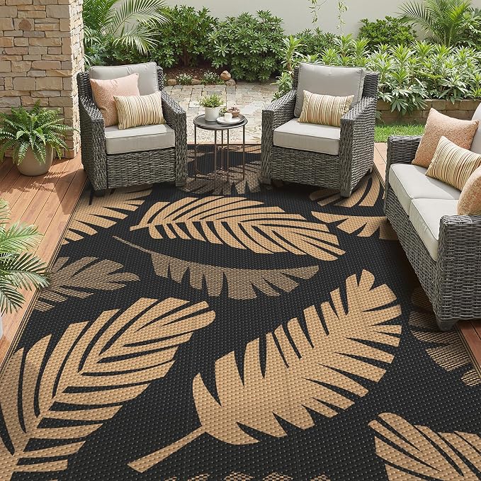 GENIMO Outdoor Rug, Waterproof Plastic Rugs for Patio, 6'x9' Black Brown | Outside Larger Leaf Carpet Mat for Porch Decor, Deck, Balcony, Camping, RV, Backyard, Picnic, Beach, Reversible, Foldable