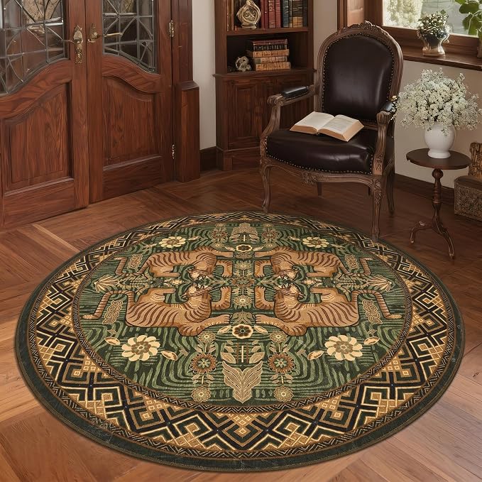 GarveeHome Tiger Round Area Rugs, 4ft Boho Green Animal Print Bedroom Circle Rugs Non Slip, Washable Vintage Tribal Floor Carpet for Dining Room Entryway Nursery Playroom Office