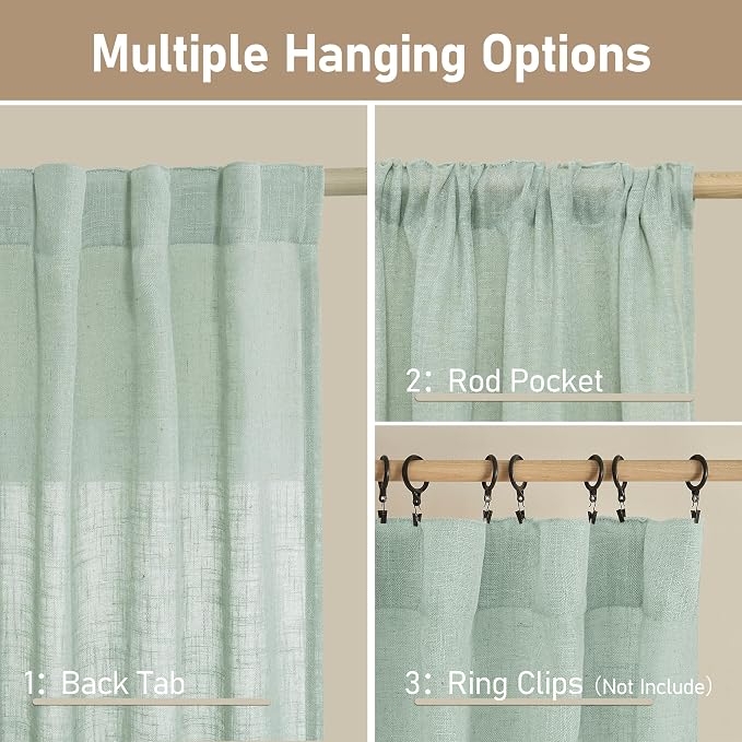 LAMIT Light Sage Linen Curtains 45 Inches Long for Bedroom, Light Filtering Panels Back Tab and Rod Pocket Neutral Drapes for Kitchen/Window/Loft Room, 52 x 45 Inch, 2 Panels