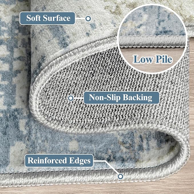 9x12 Area Rugs Living Room Rug Modern Abstract Neutral Washable Rugs Non Slip Soft Carpet Large Area Rug Low Pile Stain Resistant Non Shedding for Bedroom Nursery Dining Room Home Office Blue