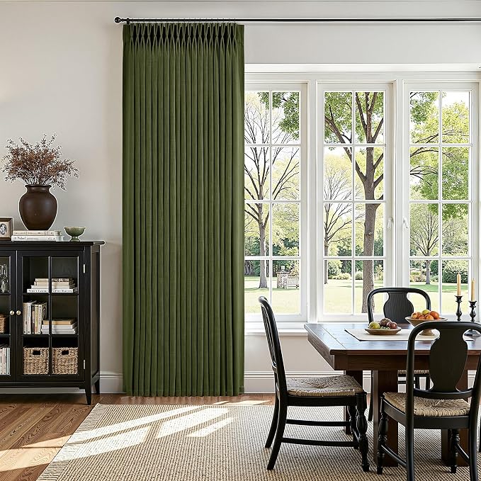 Olive Green Pleated Linen Curtains 108 Inches Long for Living Dining Room Bedroom Light Filtering Boho Window Drapes 2 Panels with Hooks Rings Clips Sliding Glass Door Semi Sheer Curtain Pinch Pleat