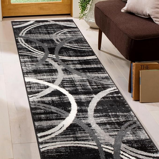 Rugshop Wavy Circles Modern Non-Shedding Runner Rug Black 2' x 7'2"