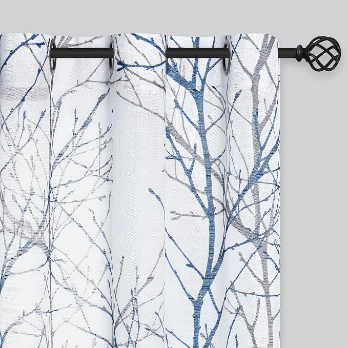 FMFUNCTEX Linen Blue White Semi Sheer Print Curtains 72 Inch Long 2 Panels | Tree Branch Sheer Patterned Curtains, Light Filtering Grommet Panels for Bedroom Living Room, Basement, and Farmhouse Curtain