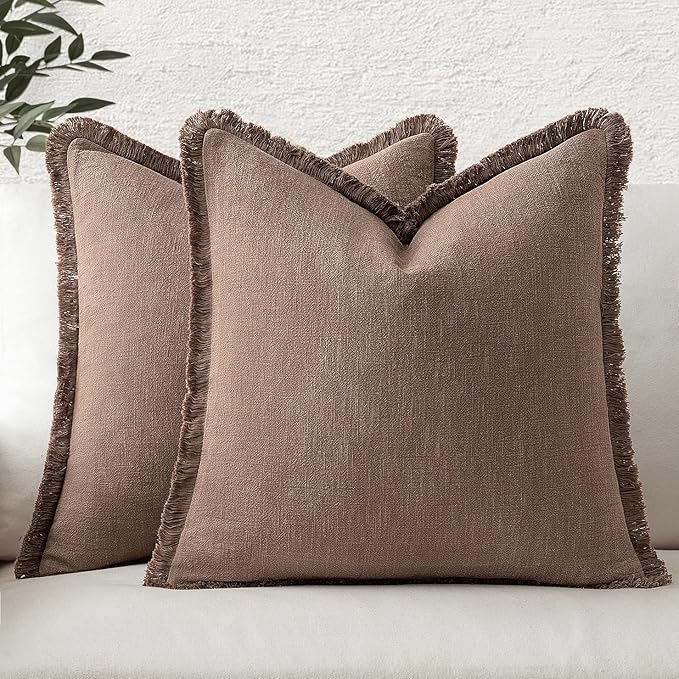 MIULEE Decorative Throw Pillow Covers Neutral Linen Fringe Throw Pillows Set of 2 Dark Coffee Boho Farmhouse Cushion Covers with Tassels for Couch Sofa Bed Living Room Fall Home Decor 18x18 Inch