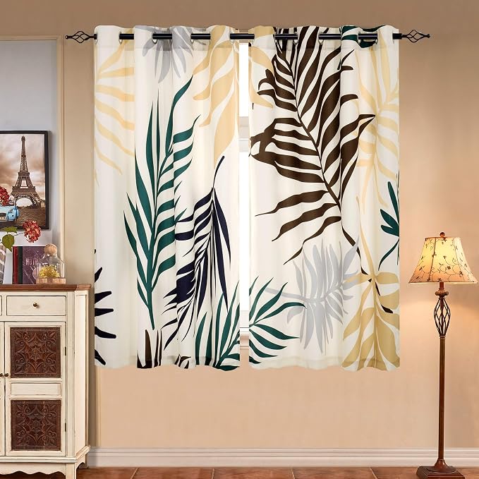 SUBRTEX Boho Leaf Printed Curtains 63 inch Long 2 Panels, Room Darkening Vibrant Floral Drapes, 50% Blackout Light Flitering, Semi Sheer Farmhouse Curtains for Living Room, 52Wx63L, Yellow Leaf