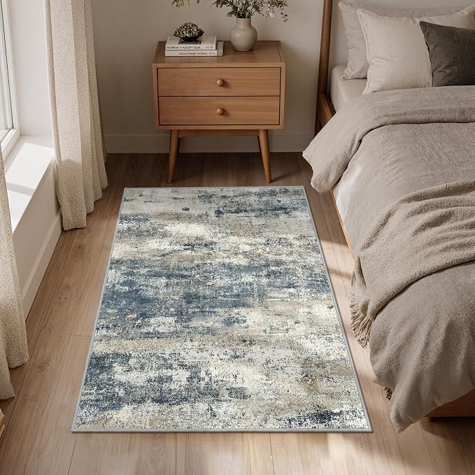 GENIMO 3x5 Rug for Entryway Washable Area Rug, Modern Abstract Small Throw Rugs for Entrance Living Room, Bedroom Beside, Non-Slip Low Pile Lightweight Soft Carpet, Navy Blue