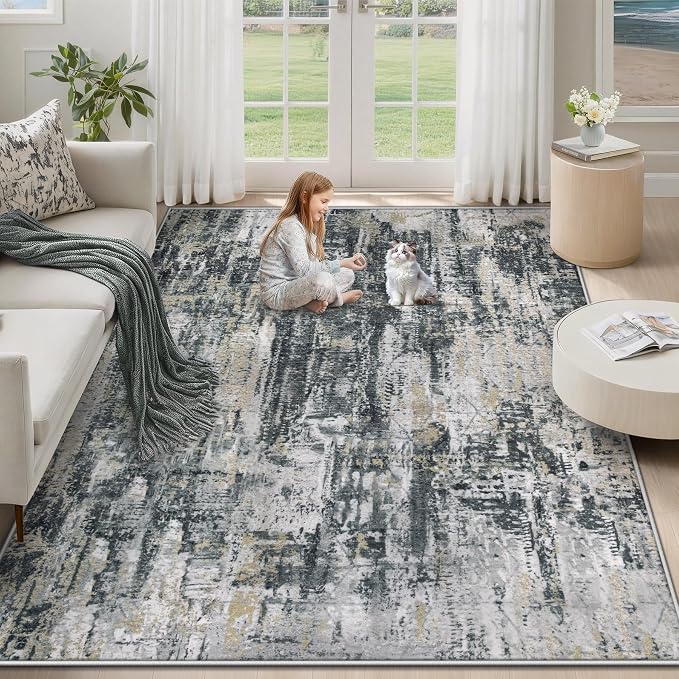 XLUEZ 5x7 Area Rugs for Living Room, Washable Modern Abstract Large Area Rug Neutral Soft Non Slip Kids Rug Stain Resistant Indoor Carpet for Bedroom Nursery Dining Room Playroom(BlackGreyGold,5'x7')