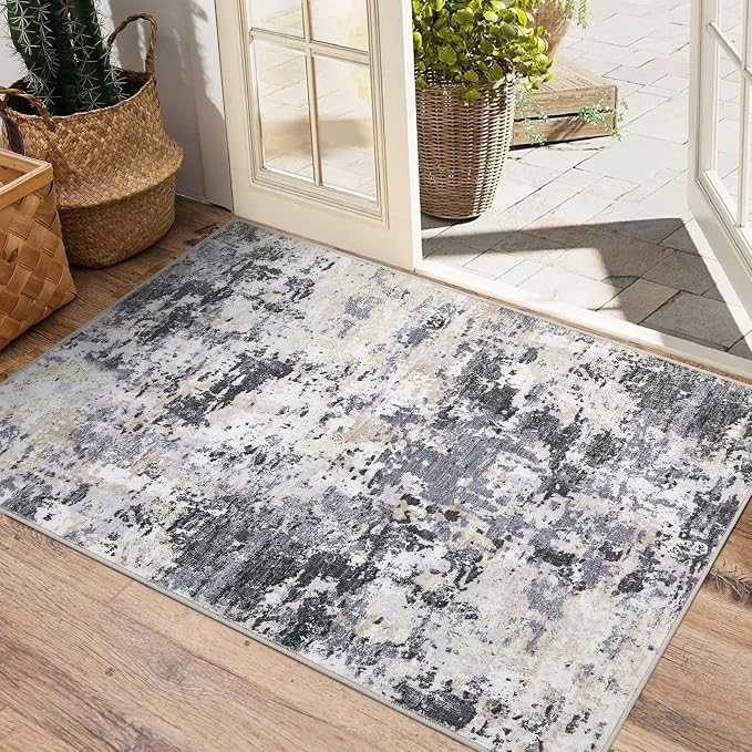 ROYHOME Modern Scalloped Abstract 2x3 Area Rug Non Slip Non Shedding Low Pile Stain Resistant Rug for Entryway Kitchen Bedroom,Black Yellow