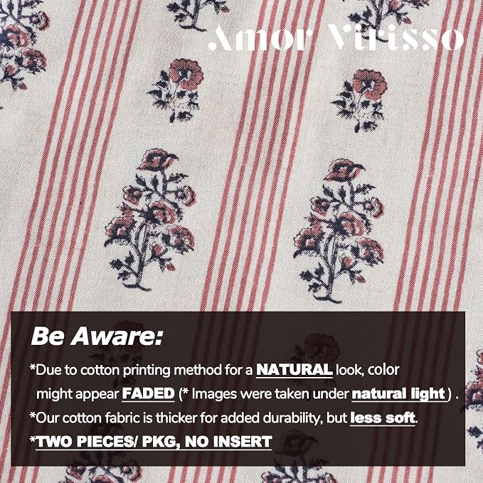 Amor Virisso Floral Throw Pillow Covers 18x18 Set of 2 Block Print Pillow Covers Neutral Floral Striped Farmhouse Decorative Pillow Covers for Sofa Couch Bed, Red