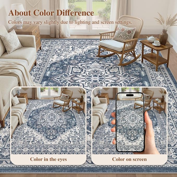 UERMEI 8x10 Area Rug for Living Room - Washable Vintage Carpet, Non-Slip Soft Large Indoor Floor Rugs for Bedroom Home Office & Under Dining Table Decor, Denim Blue/White