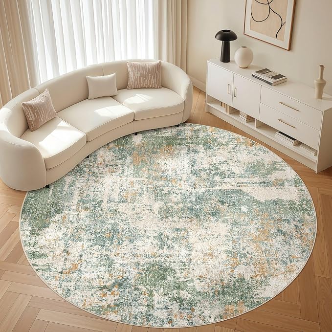 7ft Round Rug Living Room Rugs: 7x7 Washable Circle Large Abstract Modern Soft Stain Resistant Non-Slip Indoor Floor Carpet for Bedroom Nursery Office Dining Room Playroom Home House- Green