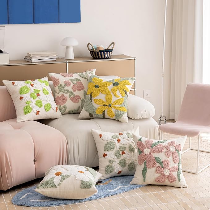 Summer Floral Throw Pillow Covers 18x18 Inch Set of 2, Chenille Embroidered Pillowcase with 3D Tufted Pink Flowers Sage Green Leaves, Boho Decorative Cushion Covers for Couch Sofa Bed