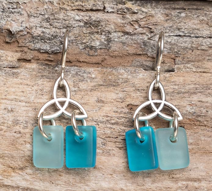 Sea Glass Celtic Knot Earrings - Sterling Drop Beach Earrings for Women by EcoSeaCo, using recycled and sustainable material. Handmade in the USA
