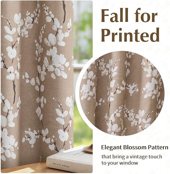 FMFUNCTEX 100% Blackout Brown Floral Curtains 84 Inch Grommet 2 Panels | Black Out Drapes, Thermal Insulated Cottage Farmhouse, Blossom Flower Patterned Curtain for Bedroom, Living Room Darkening