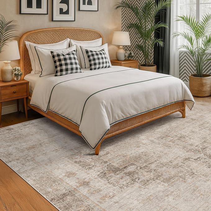 Hazo Haus Washable 5x7 Area Rugs for Living Room, Neutral Beige & Peach Farmhouse Rug for Dining Room & Bedroom, Ultra Soft Low-Pile Non-Slip Stain Resistant