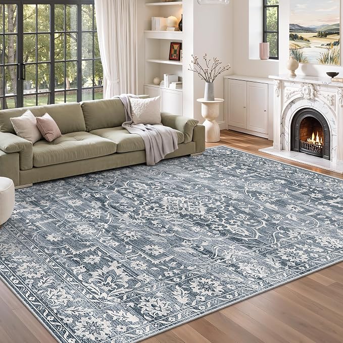 Soalmost 5x7 Area Rugs for Living Room, Washable Bedroom Soft Rug Blue | Vintage Floral Non-Slip Low Pile Throw Large Neutral Carpet for Dining Room Kitchen Home Office Nursery 5'x7'