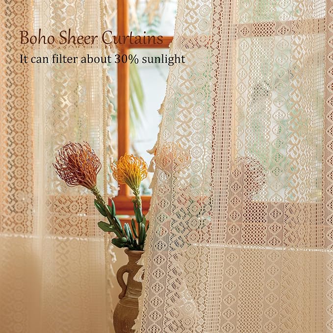 Sutuo Home Beige Boho Lace Curtains 72 inches Long for Nursery Bedroom, Sheer Curtains Privacy Crochet Light Filtering Vintage Tassels Bohemian Window Treatments Geometry Rod Pocket, 2 Panels 50" W