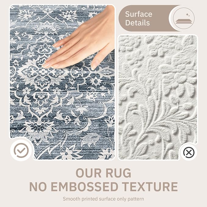 Soalmost 6x9 Area Rugs for Living Room, Washable Bedroom Soft Rug Blue | Vintage Floral Non-Slip Low Pile Stain Resistant Throw Large Neutral Carpet for Dining Room Kitchen Home Office Nursery 6'x9'