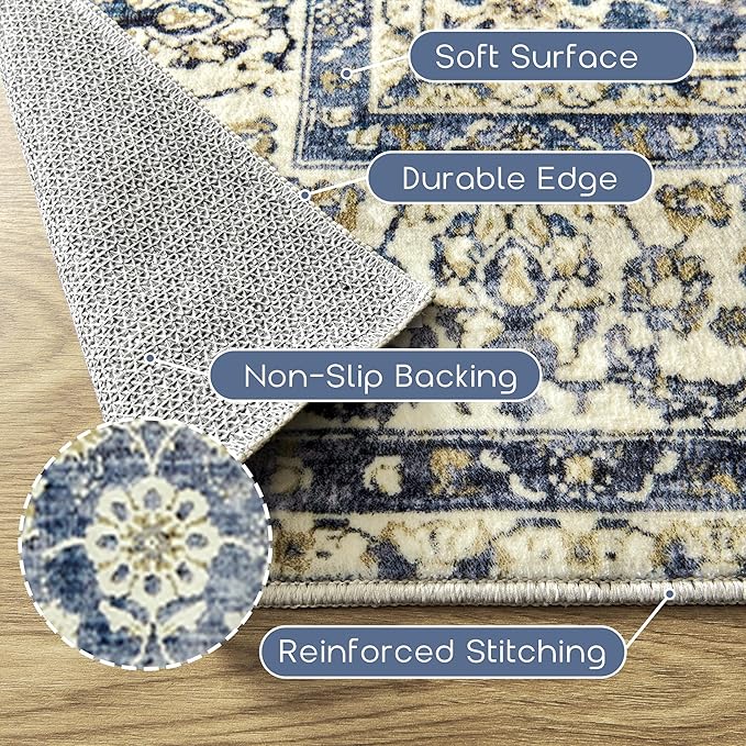 Blue Area Rug for Living Room 8x10 Washable Vintage Farmhouse Big Large Boho Distressed Carpet Rugs for Bedroom,Light Blue and Cream Polyester Rayon Cotton Blend