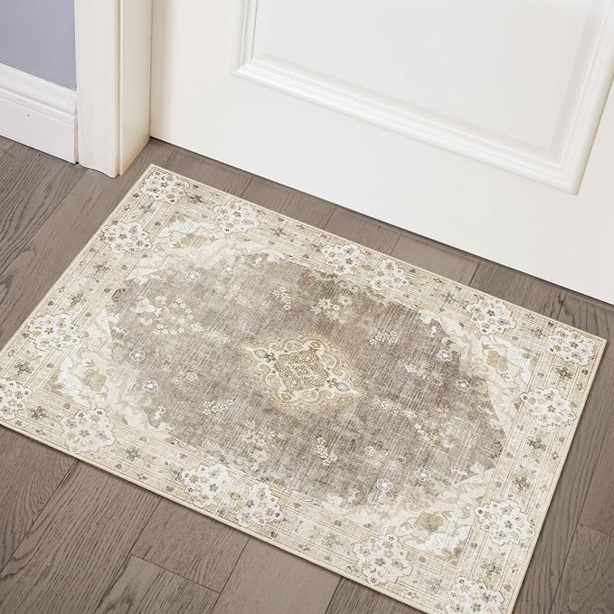 MUJOO Beige Rug 2'x3' Washable Area Rug Small Non Slip Low-Pile Floral | Machine Washable Throw Carpet for Entryway Kitchen Bathroom Bedroom Boho Soft Indoor Vintage Bohemian Distressed Flowers