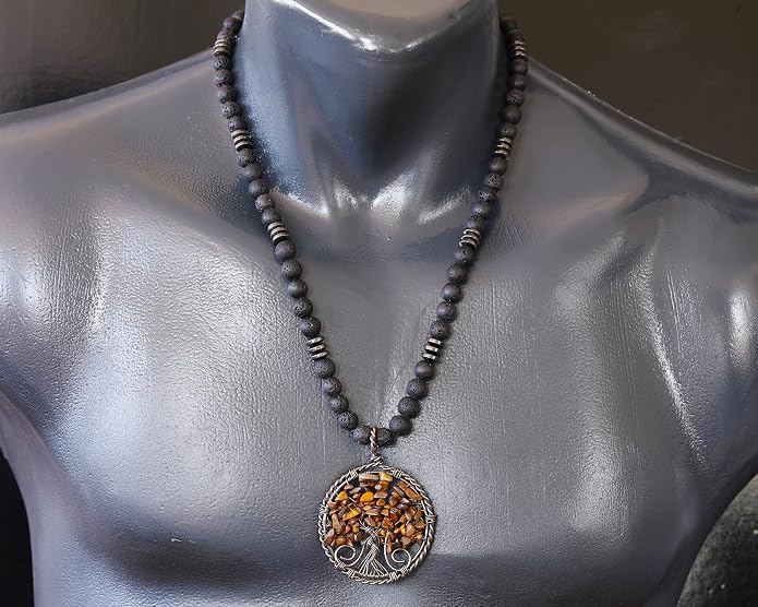 ElisaJewelryArt - Natural Labradorite Big Tree Of Life Black Lava Stone Beaded Necklace Genuine Gemstone Energy Stone Clasp Closure Necklace Unisex Necklace