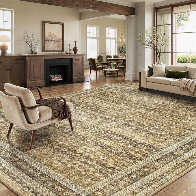 9x12 Washable Area Rugs for Living Room Bedroom, Non-Slip Large Rugs | Vintage Distressed Retro; Low Pile; Stain Resistant; Neutral Boho Carpet for Dining Room, Nursery, Home Office; Caramel Brown