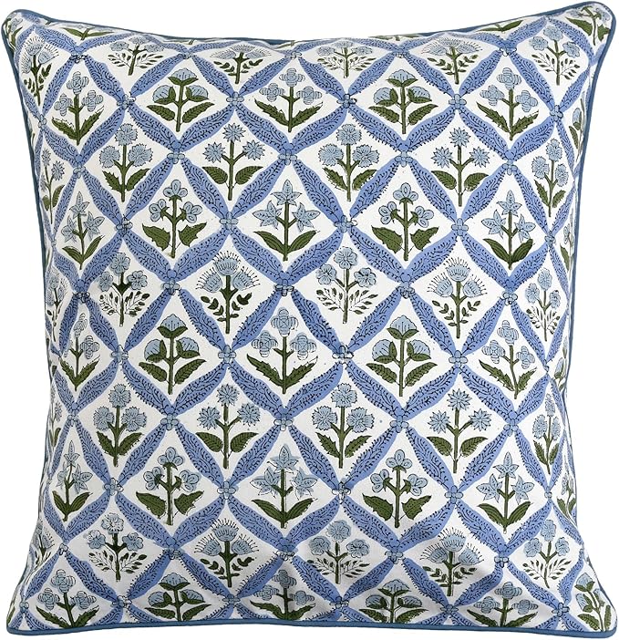 Ridhi Block Print Light Steel Blue Pillow Cover 16" x 16" (Pack of 2) Decorative Couch Pillows for Living Room, Chic Boho Cute Outdoor Pillows Covers Gifts for Spring, Easter and Valentine