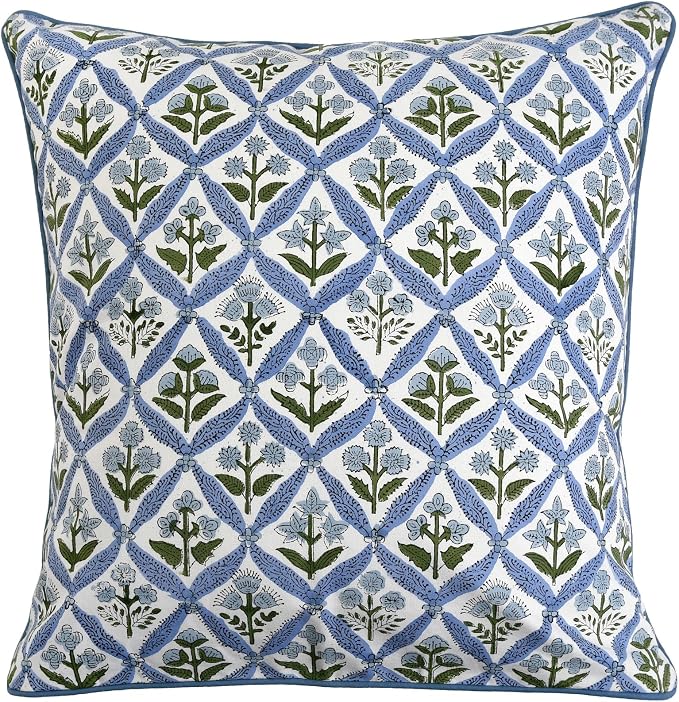 Ridhi Block Print Light Steel Blue Pillow Cover 24" x 24" (Pack of 2) Decorative Couch Pillows for Living Room, Farmhouse Chic Boho Cute Outdoor Pillows Covers Gifts for Spring, Mother's Day