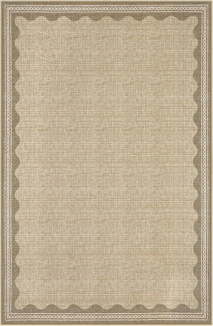GarveeHome Scalloped 3x5 Rug Washable Non-Slip Low-Pile Indoor Rugs for Entryway Solid Tan Jute Digital Printing Modern Carpet for Kitchen Bedroom Living Room Bathroom Indoor Mat