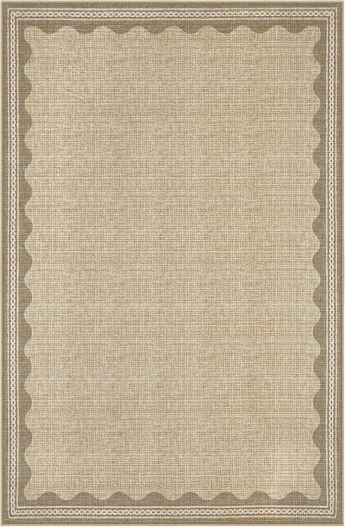 GarveeHome Scalloped Washable 8x10 Rug for Living Room Non-Slip Solid Tan Jute Digital Printing Modern Low-Pile Carpet 8 x 10 Rug for Bedroom Dining Nursery Mat with Rubber Back