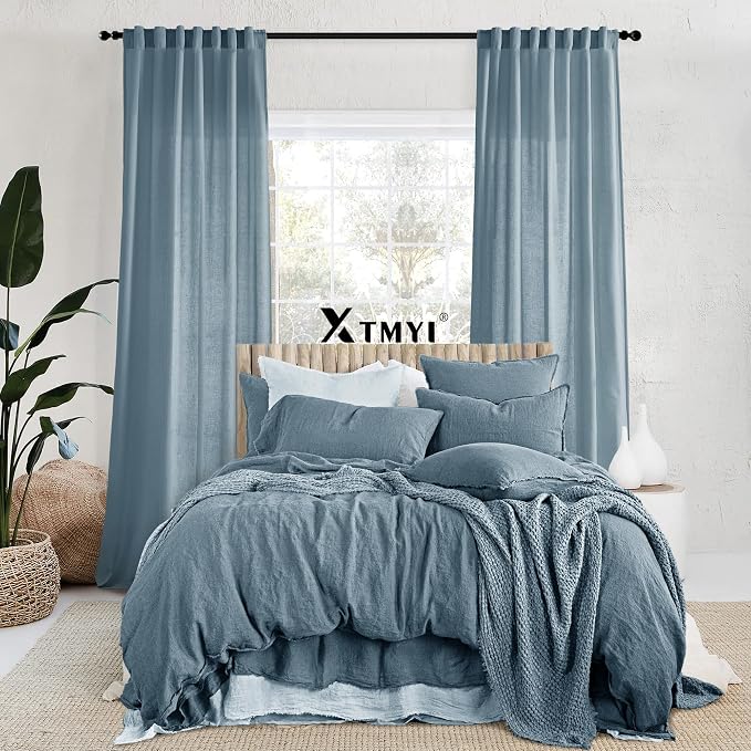 XTMYI Dusty Blue Curtains 96 Inches Long for Living Room,Light Filtering Country Vintage Hooks Pleated Back Tab Semi Sheer Linen Curtains for Bedroom 2 Panels Set,Stone Blue