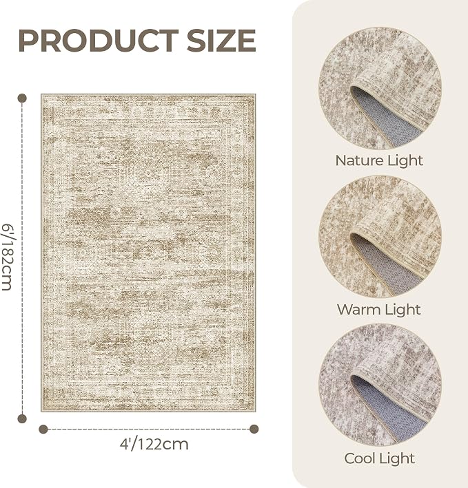 4x6 Area Rug for Entryway,Washable Kitchen Rug,Brown | Small Rug for Hallway,Bedroom,Living Room,Dining Room,Thin,Soft, Neutral Rug,Stain Resistant Indoor Carpet,Non Slip