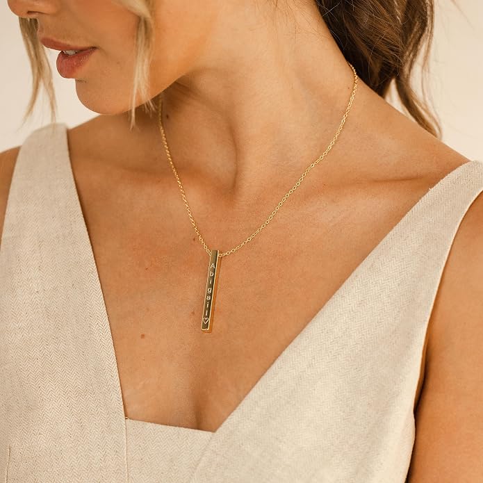 Personalized Vertical Bar Necklace for Women, 4-Side Engravable Cube Pendant, 16K Gold Silver Rose Gold Plated Stainless Steel, Dainty Minimalist Jewelry, Bridesmaid Wedding Birthday Gift