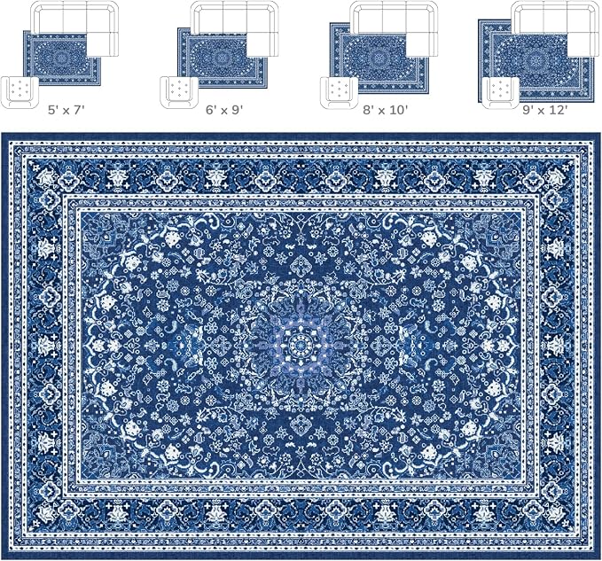 Lessymo Area Rugs 10 x 14 for Living Room, Machine Washable Area Rugs Boho Faux Wool Low Pile Area Rug for Bedroom, Floral Medallion Vintage Rugs with Non-Slip Rubber, Kid & Pet Friendly,Blue White