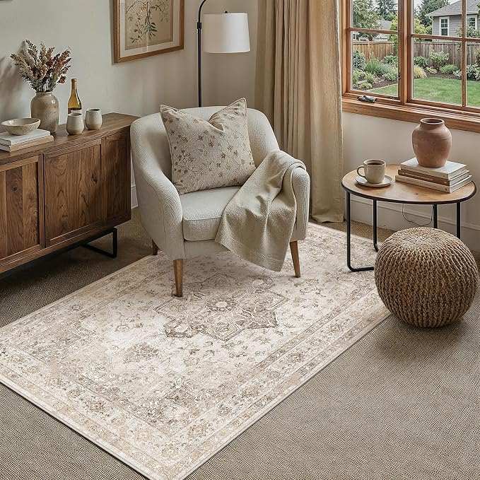 PureCozy Taupe Area Rug 3x4 Washable Vintage Carpet for Office Kitchen Non Slip Retro Distressed Door Mat Low Pile Soft Oriental Medallion Thin Small Throw Rug Entryway Bedroom Bathroom Dining Room