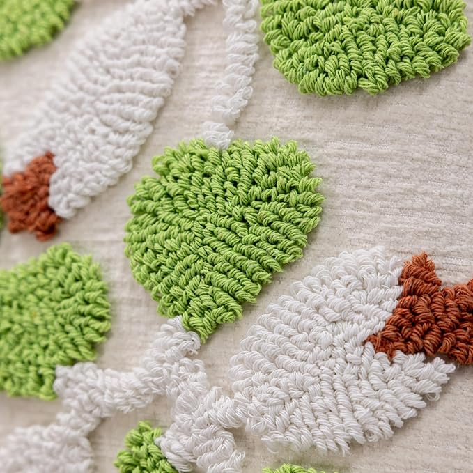 Summer Floral Throw Pillow Covers 20x20 Inch Set of 2, Chenille Embroidered Pillowcase with 3D Tufted White Flowers and Green Leaves, Boho Decorative Cushion Covers for Couch Sofa Bed